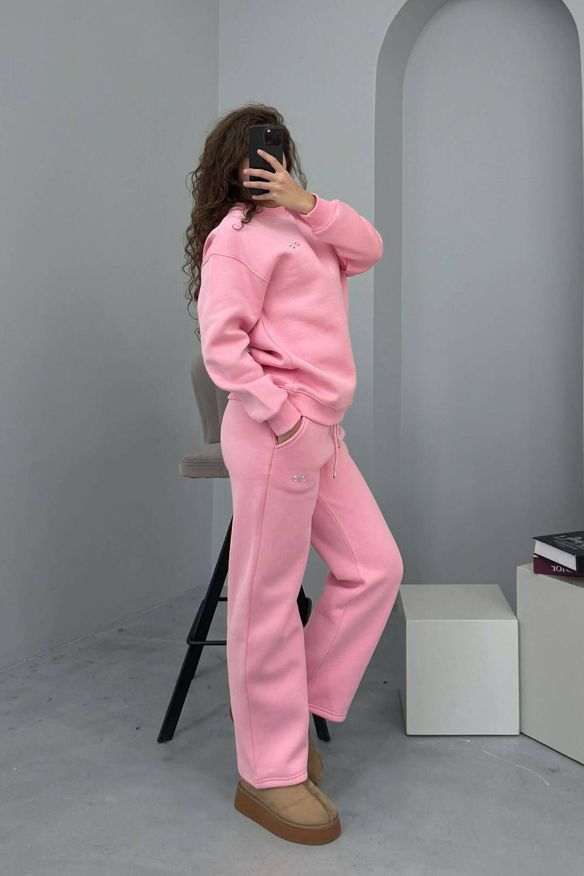 ALO SWEATSHIRT+SWEATPANTS FLUFFY WOMEN SET PINK/ROZE SWEATSUIT