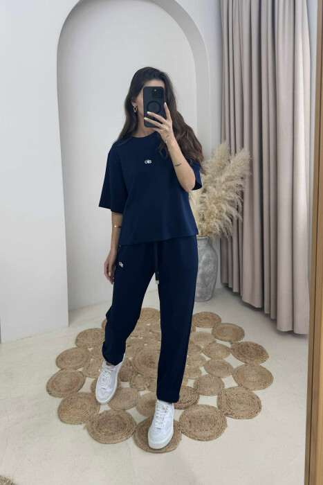 ALO WRITTING T-SHIRT+JOGGERS WOMEN SET DARK BLUE/BEE 