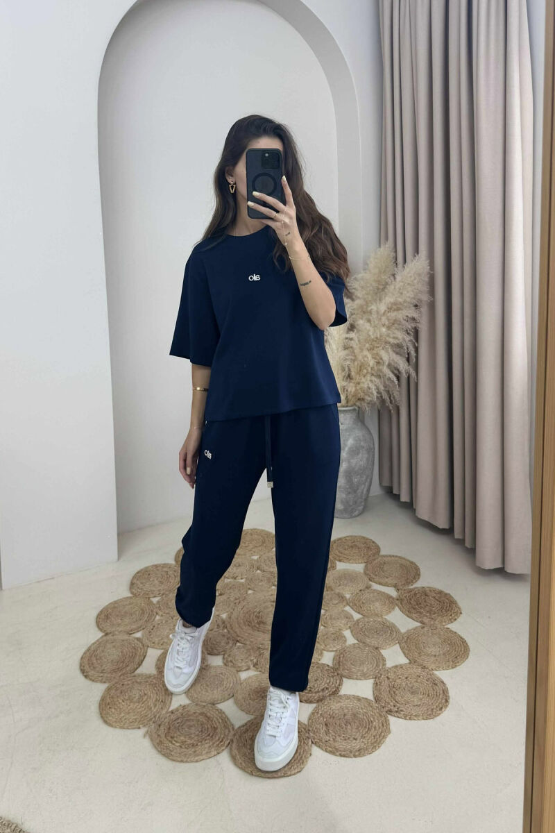 ALO WRITTING T-SHIRT+JOGGERS WOMEN SET DARK BLUE/BEE - 1
