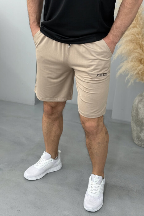 ATHLETIC WRITTING ONE COLOR MEN SHORT SWEATPANTS BEIGE/BEZHE - KLAUDIO FASHION