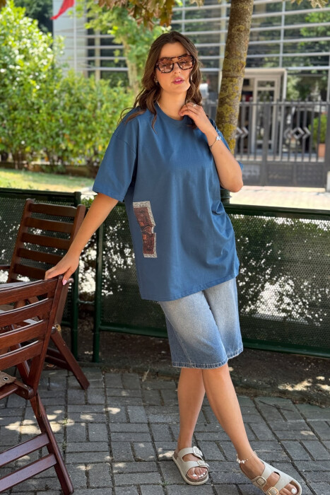 BACK DESIGN ONE COLOR WOMEN T-SHIRT BLUE STONE/GK 