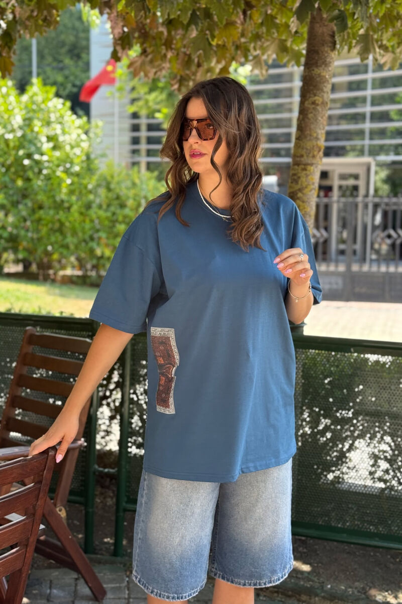 BACK DESIGN ONE COLOR WOMEN T-SHIRT BLUE STONE/GK - 3