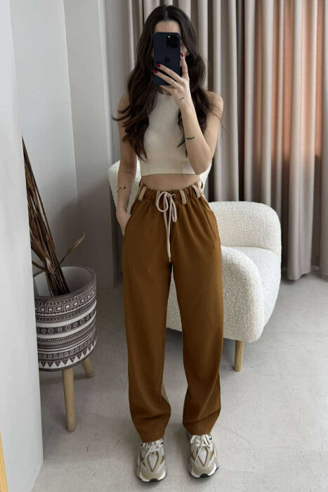 BACK LEATHER DESIGN WOMEN TROUSERS BROWN/KAFE - KLAUDIO FASHION