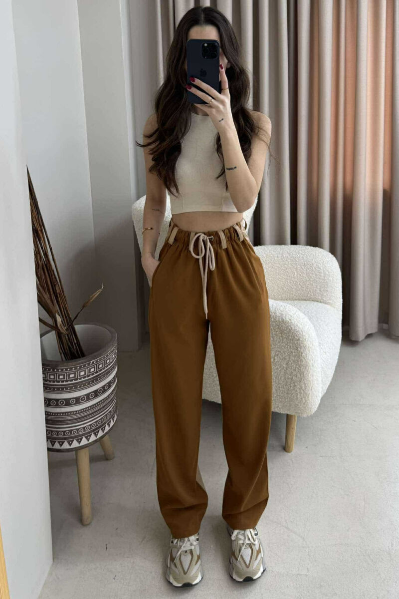 BACK LEATHER DESIGN WOMEN TROUSERS BROWN/KAFE - 1