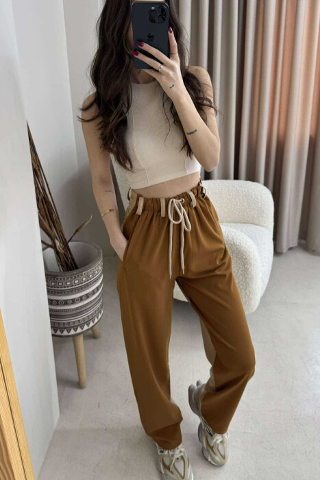 BACK LEATHER DESIGN WOMEN TROUSERS BROWN/KAFE - 2
