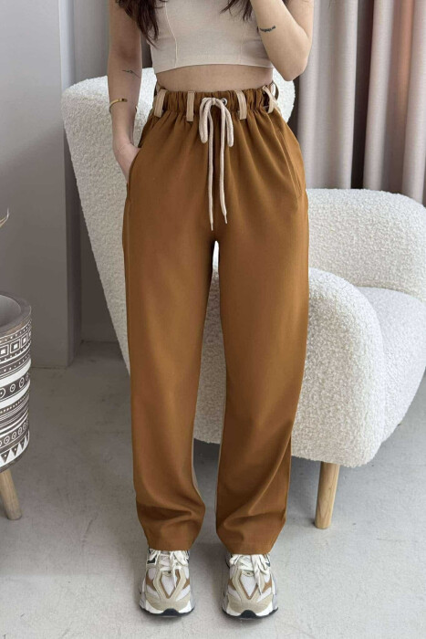 BACK LEATHER DESIGN WOMEN TROUSERS BROWN/KAFE - 3