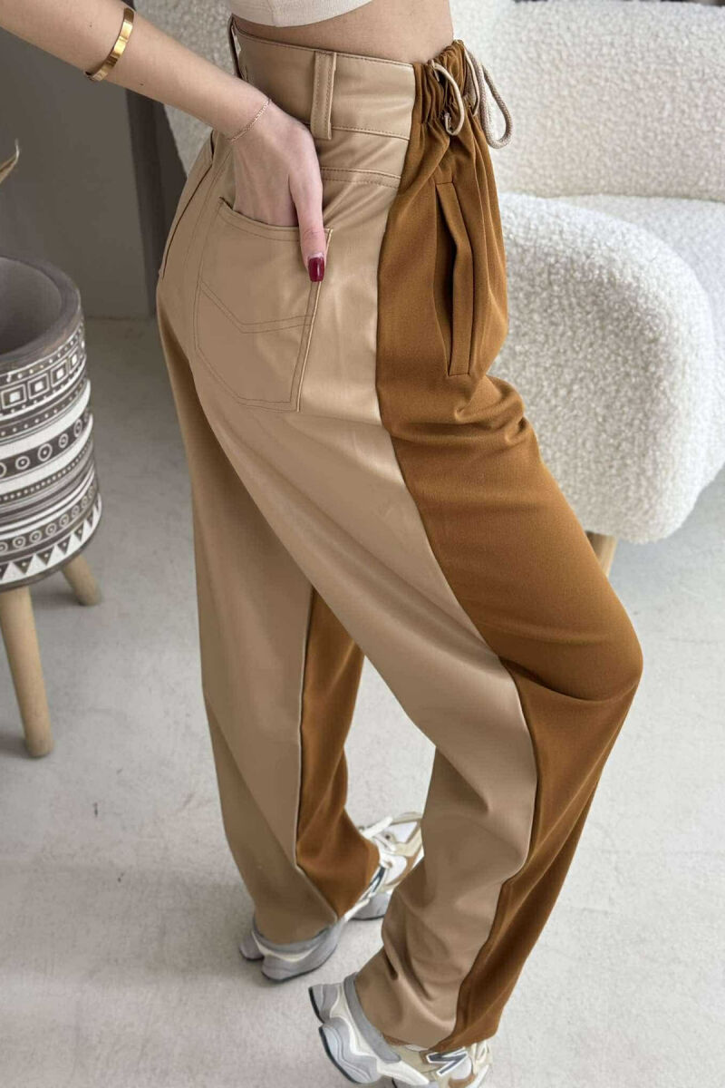 BACK LEATHER DESIGN WOMEN TROUSERS BROWN/KAFE - 4