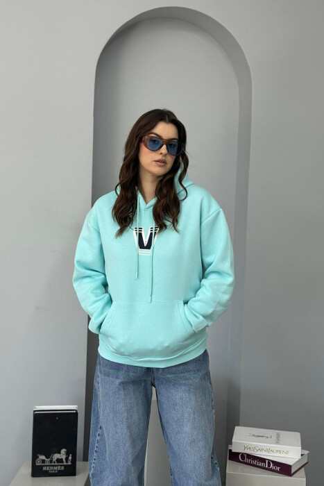 BACK WRITTING FLUFFY WOMEN HOODIE BLUE-MINT/BLME 
