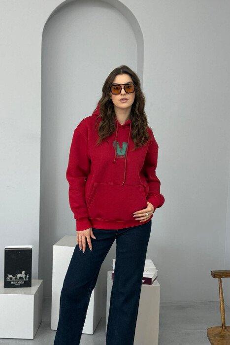 BACK WRITTING FLUFFY WOMEN HOODIE BURGUNDY/VISHNJE 