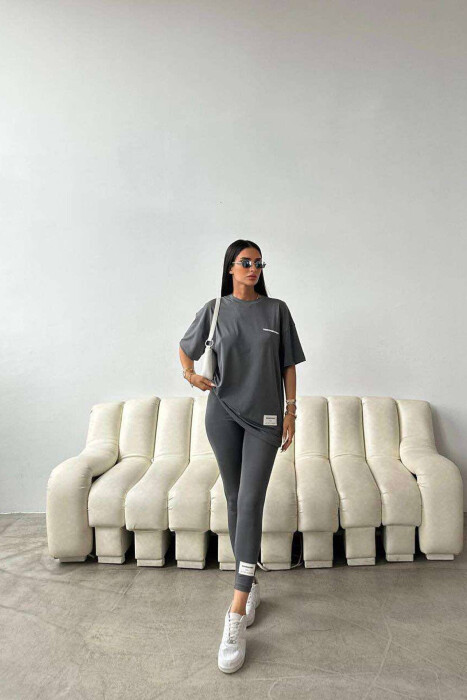 BACK WRITTINGS LEGGINGS+T-SHIRT WOMEN SET DARK GREY/GEE 