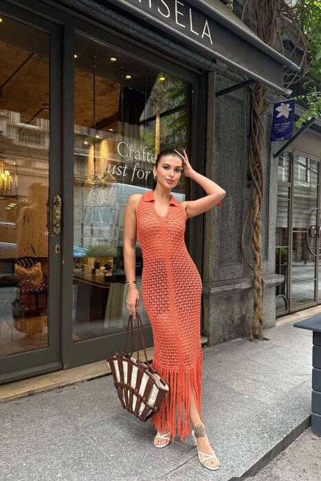 BEACH STRIPE V NECK DRESS ORANGE/PORTOKALLI - 6