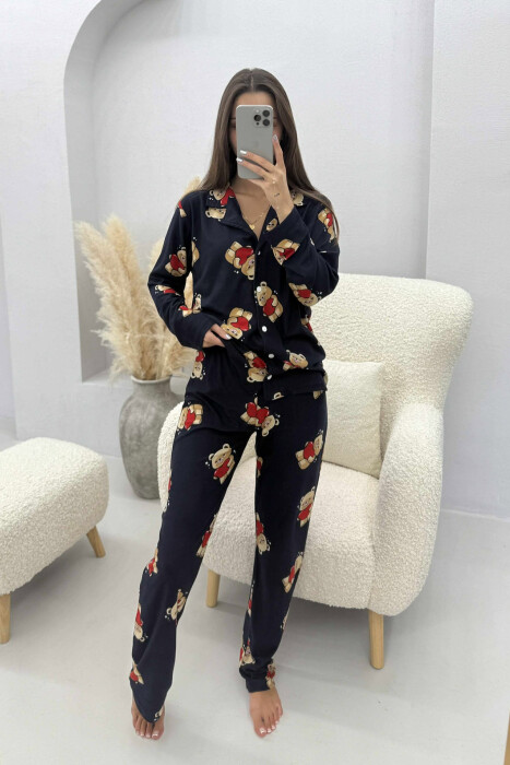 PIZHAMA ME DIZAJN ARUSH BLUZË+PANTALLONA PËR FEMRA NË NGJYRË BLU TË ERRËT - KLAUDIO FASHION