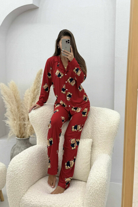 PIZHAMA ME DIZAJN ARUSH BLUZË+PANTALLONA PËR FEMRA NË NGJYRË TË KUQE - KLAUDIO FASHION