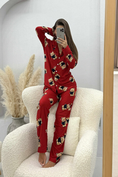 BEAR DESIGN SHIRT+TROUSERS WOMEN PYJAMAS RED/E KUQE - 2