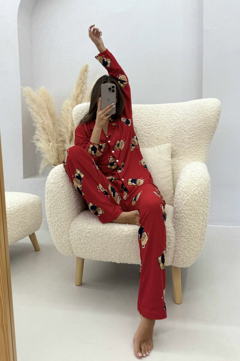 BEAR DESIGN SHIRT+TROUSERS WOMEN PYJAMAS RED/E KUQE - 3