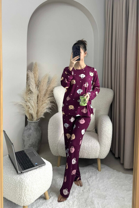 PIZHAMA BLUZË ME DIZJAN ME ARUSH+PANTALLONA PËR FEMRA NË NGJYRË VISHNJË TË ERRËT - KLAUDIO FASHION