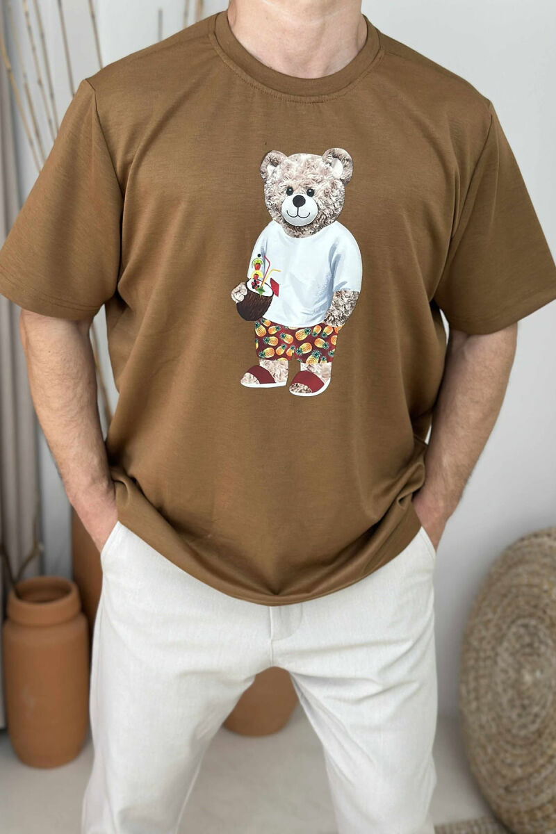 BEAR FRONT IMAGE SIMPLE MEN T-SHIRT BROWN/KAFE - 3