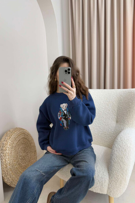 BEAR IMAGE FLUFFY WOMEN SWEATSHIRT BLUE/BLU 