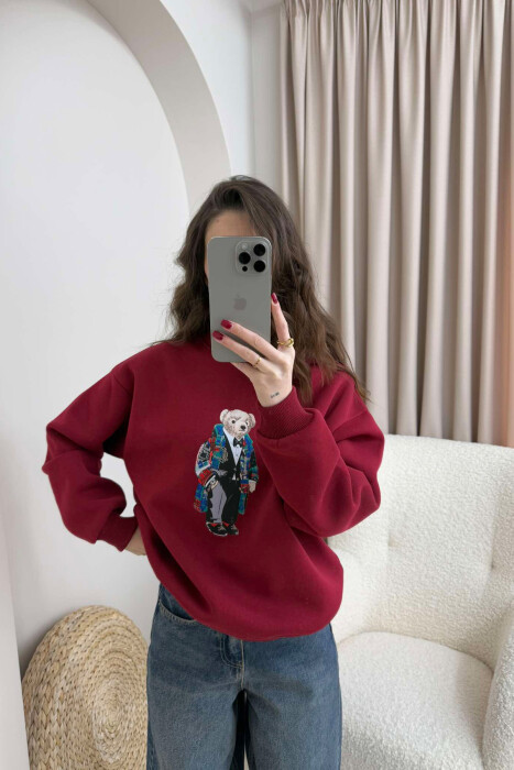 BEAR IMAGE FLUFFY WOMEN SWEATSHIRT BURGUNDY/VISHNJE 