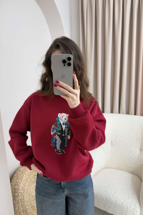 BEAR IMAGE FLUFFY WOMEN SWEATSHIRT BURGUNDY/VISHNJE - 2