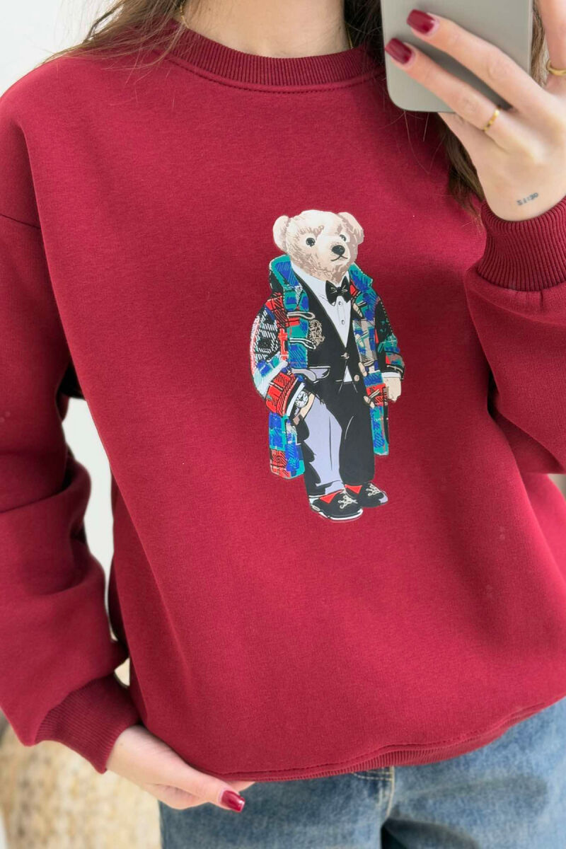 BEAR IMAGE FLUFFY WOMEN SWEATSHIRT BURGUNDY/VISHNJE - 3