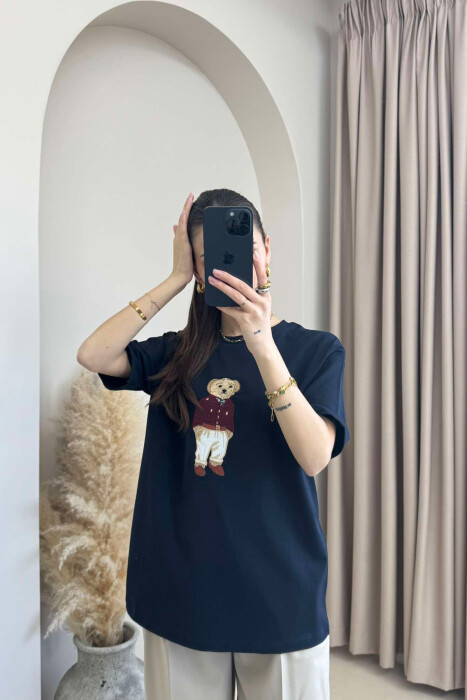 BEAR IMAGE ONE COLOR WOMEN T-SHIRT IN DARK BLUE COLOR 