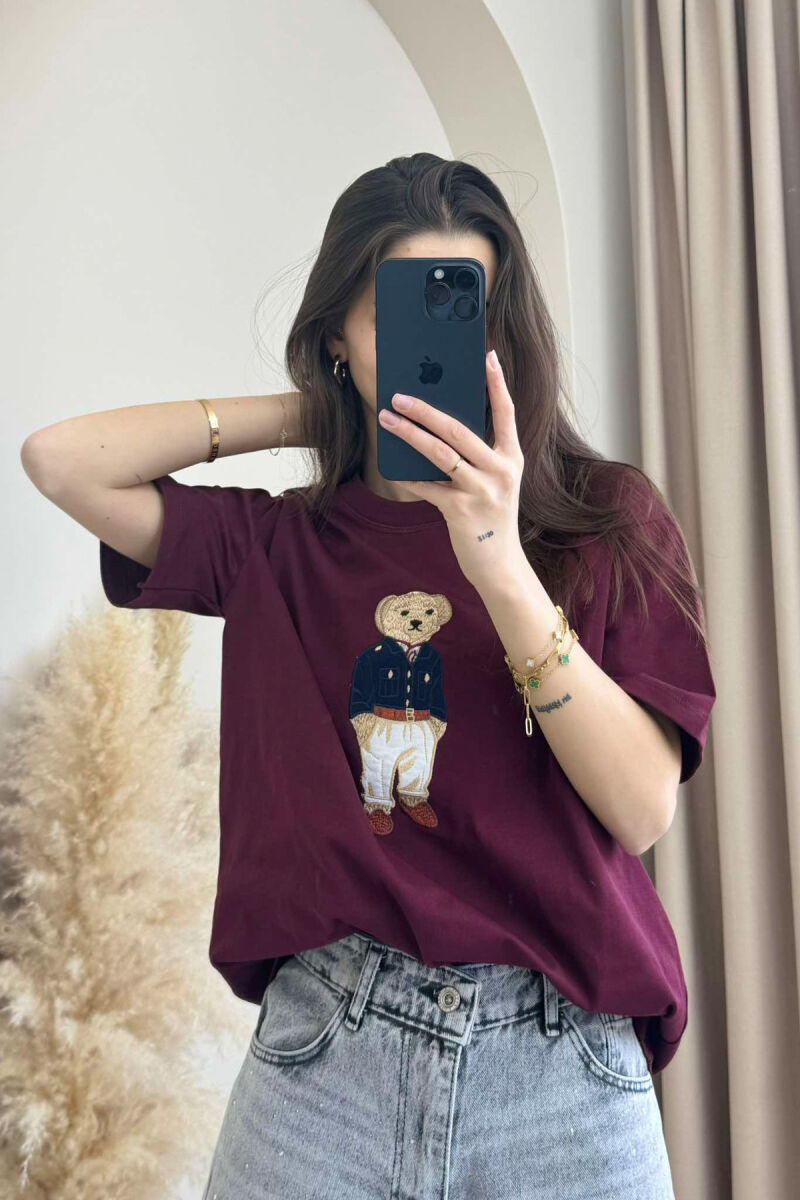 BEAR IMAGE ONE COLOR WOMEN T-SHIRT IN BURGUNDY COLOR - 1