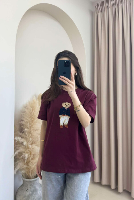 BEAR IMAGE ONE COLOR WOMEN T-SHIRT IN BURGUNDY COLOR - 2