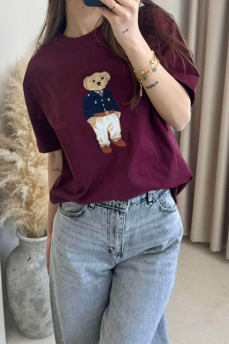 BEAR IMAGE ONE COLOR WOMEN T-SHIRT IN BURGUNDY COLOR - 3