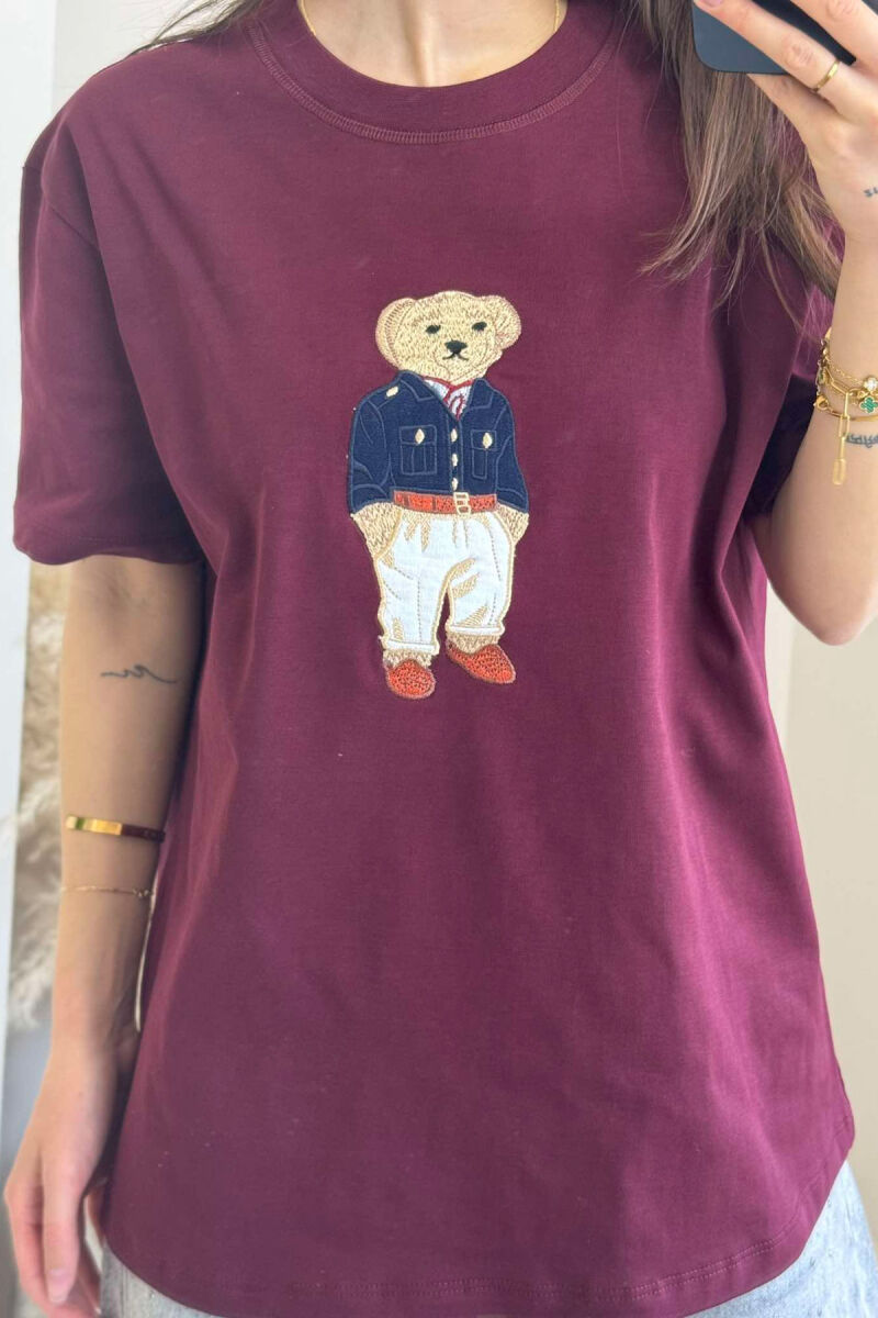 BEAR IMAGE ONE COLOR WOMEN T-SHIRT IN BURGUNDY COLOR - 4