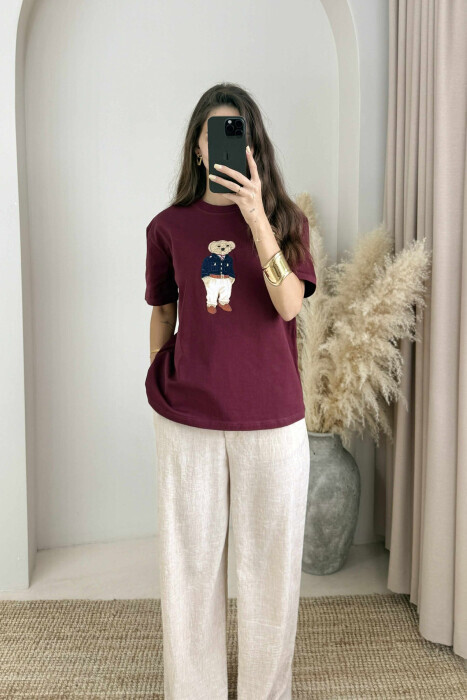 BEAR IMAGE ONE COLOR WOMEN T-SHIRT IN BURGUNDY COLOR 
