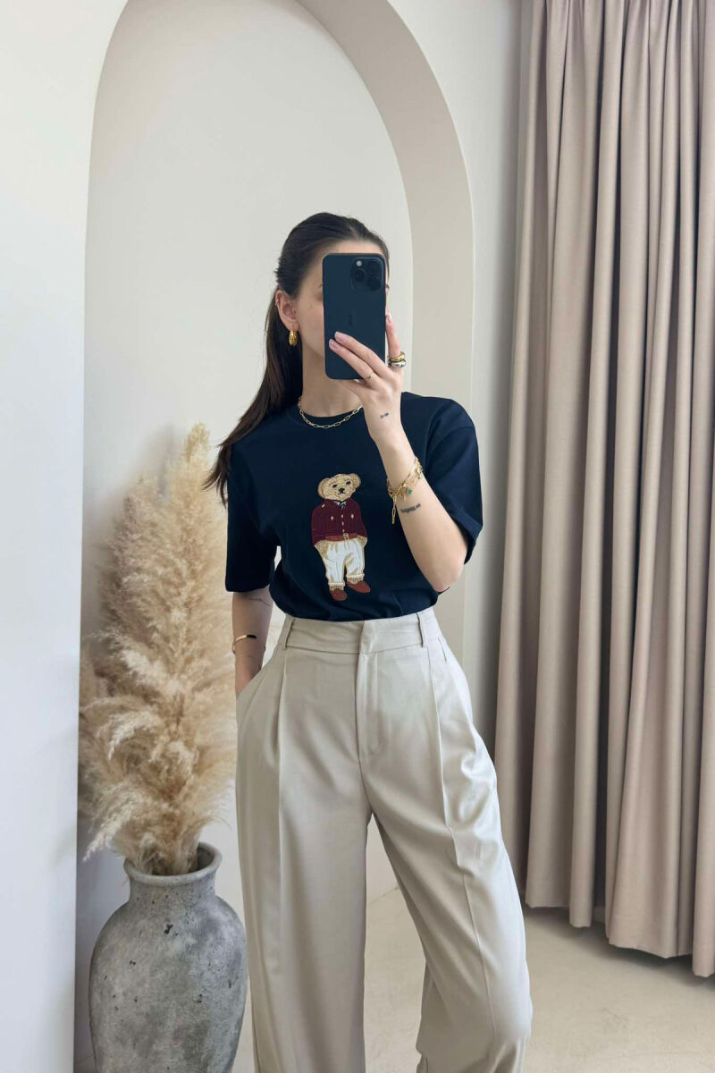 BEAR IMAGE ONE COLOR WOMEN T-SHIRT IN DARK BLUE COLOR - 2
