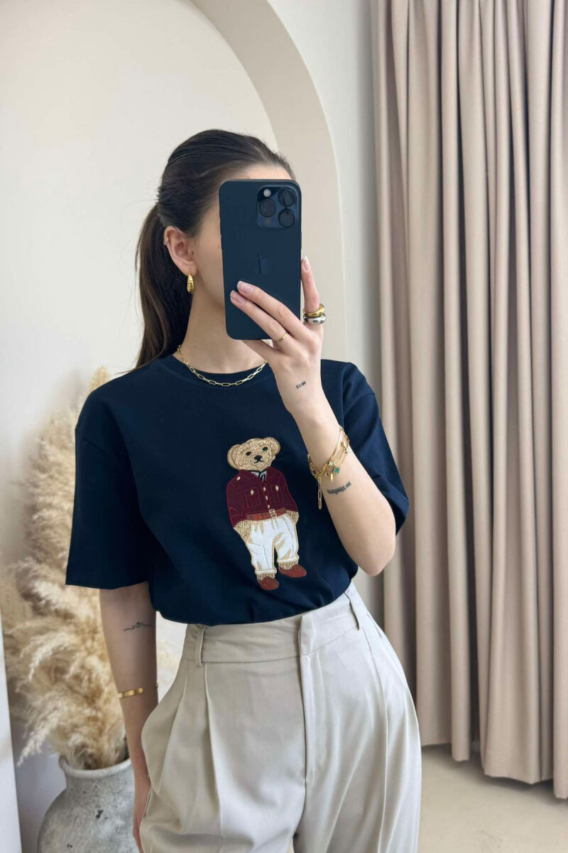 BEAR IMAGE ONE COLOR WOMEN T-SHIRT IN DARK BLUE COLOR - 3