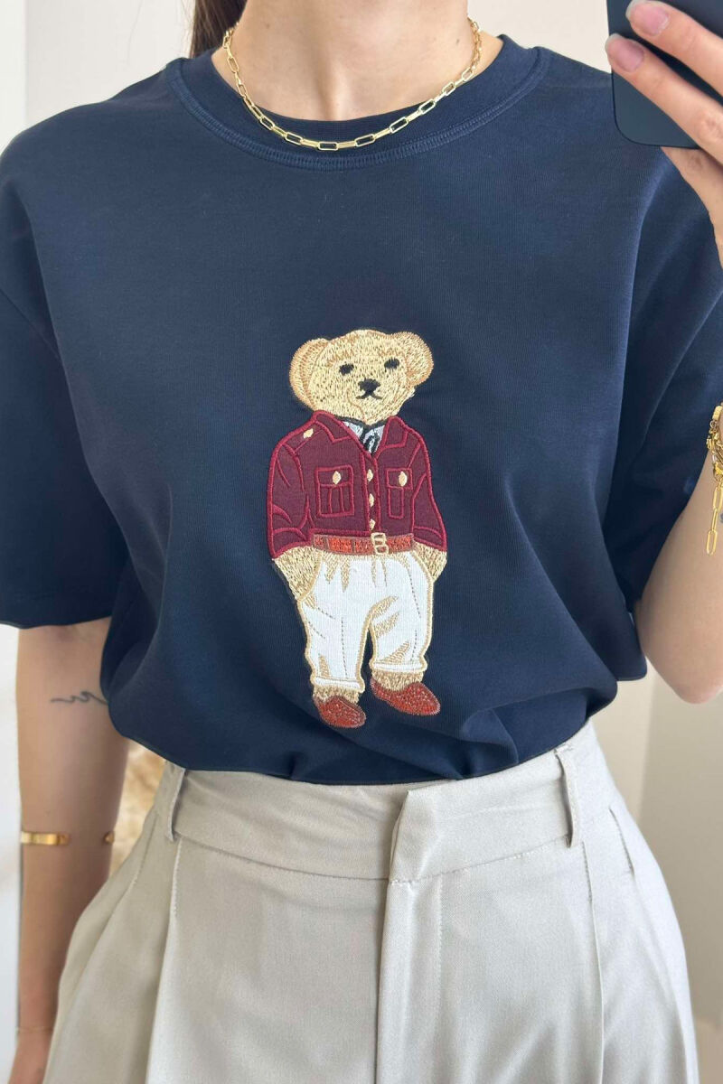 BEAR IMAGE ONE COLOR WOMEN T-SHIRT IN DARK BLUE COLOR - 4