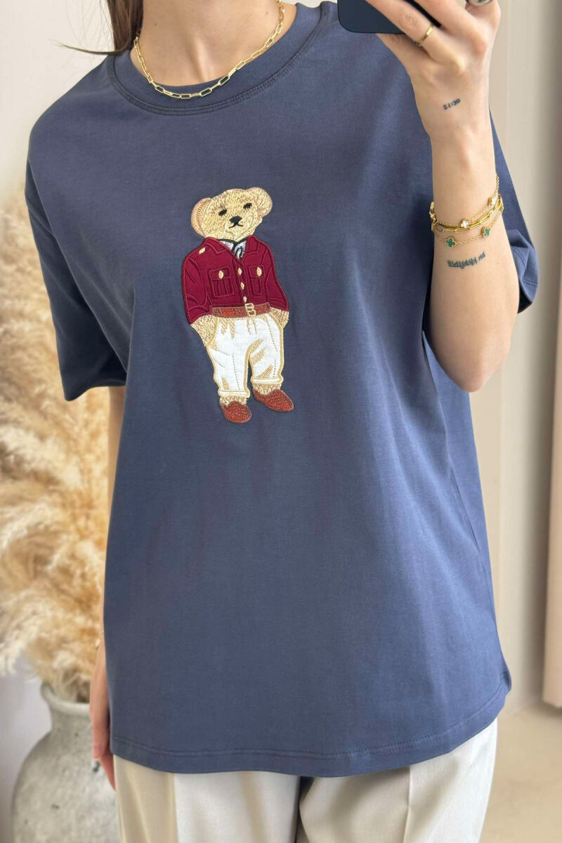 BEAR IMAGE ONE COLOR WOMEN T-SHIRT IN DARK GREY COLOR - 4