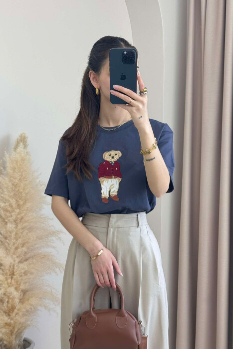 BEAR IMAGE ONE COLOR WOMEN T-SHIRT IN DARK GREY COLOR 