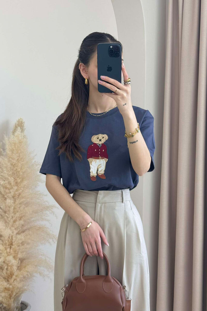 BEAR IMAGE ONE COLOR WOMEN T-SHIRT IN DARK GREY COLOR - 1