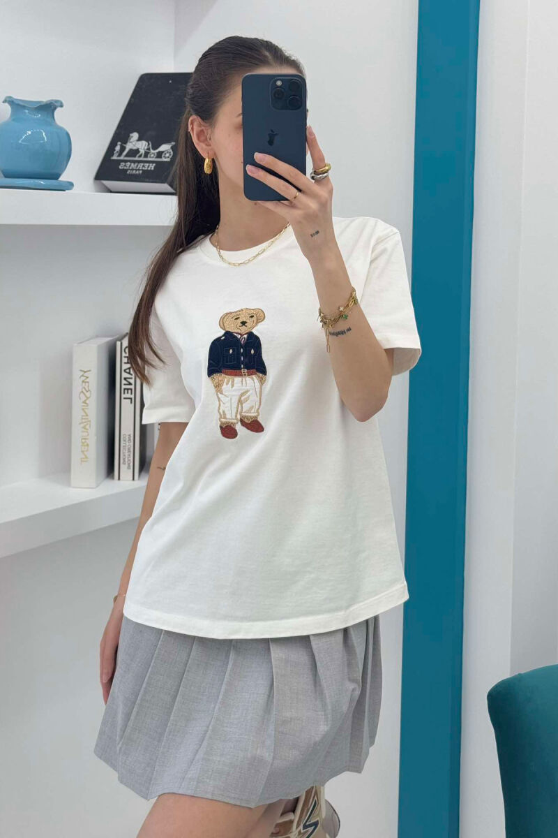 BEAR IMAGE ONE COLOR WOMEN T-SHIRT IN WHITE COLOR - 1