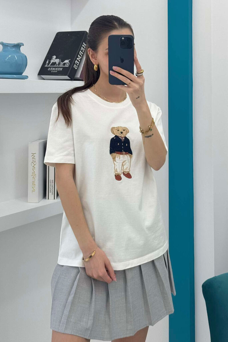 BEAR IMAGE ONE COLOR WOMEN T-SHIRT IN WHITE COLOR - 2
