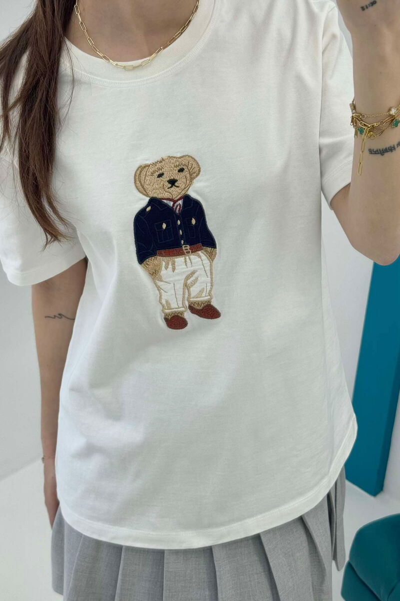 BEAR IMAGE ONE COLOR WOMEN T-SHIRT IN WHITE COLOR - 3