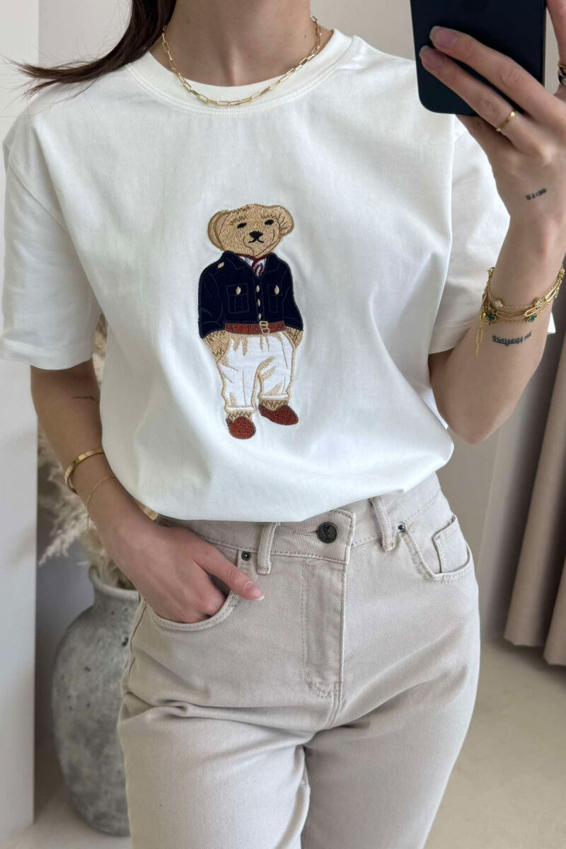 BEAR IMAGE ONE COLOR WOMEN T-SHIRT IN WHITE COLOR - 5