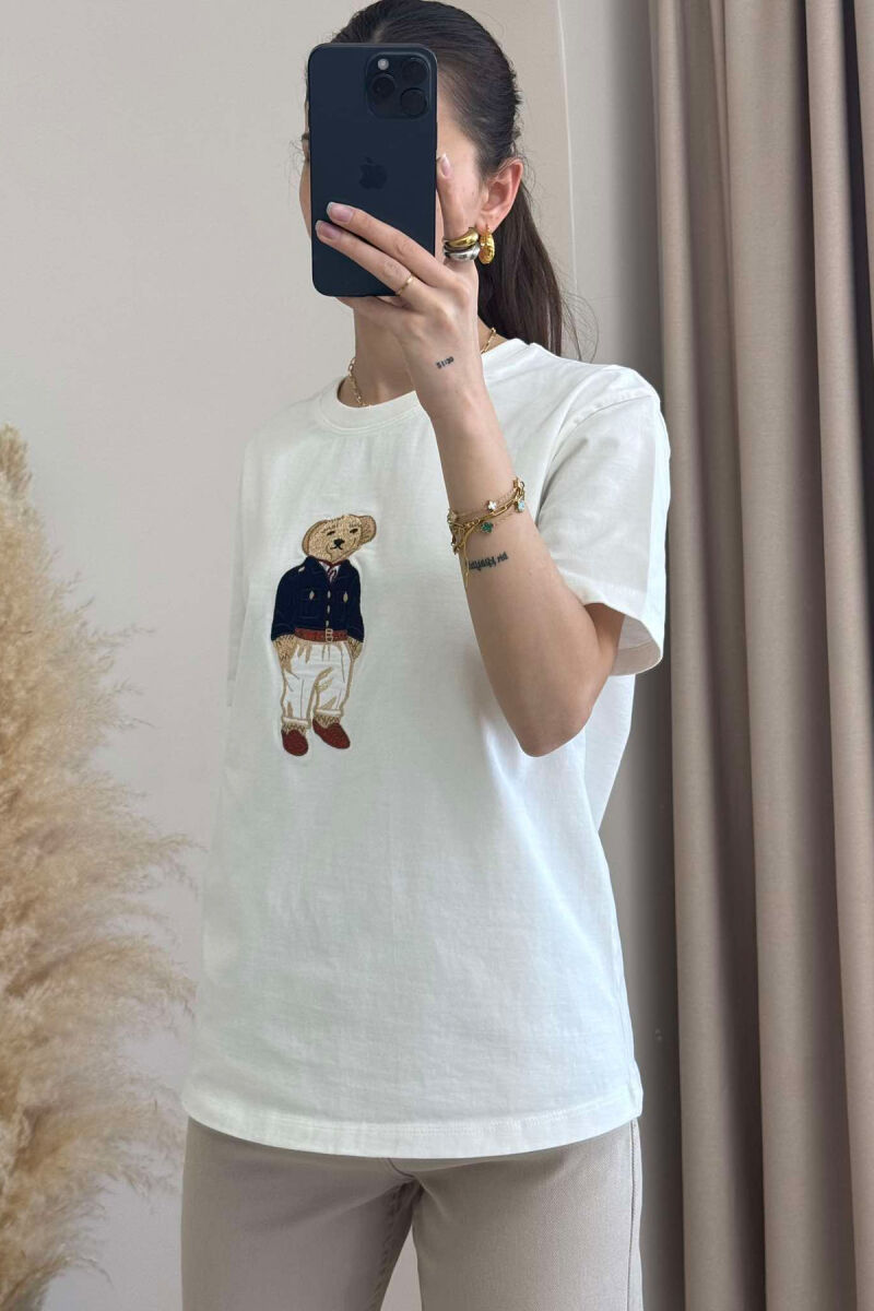 BEAR IMAGE ONE COLOR WOMEN T-SHIRT IN WHITE COLOR - 6