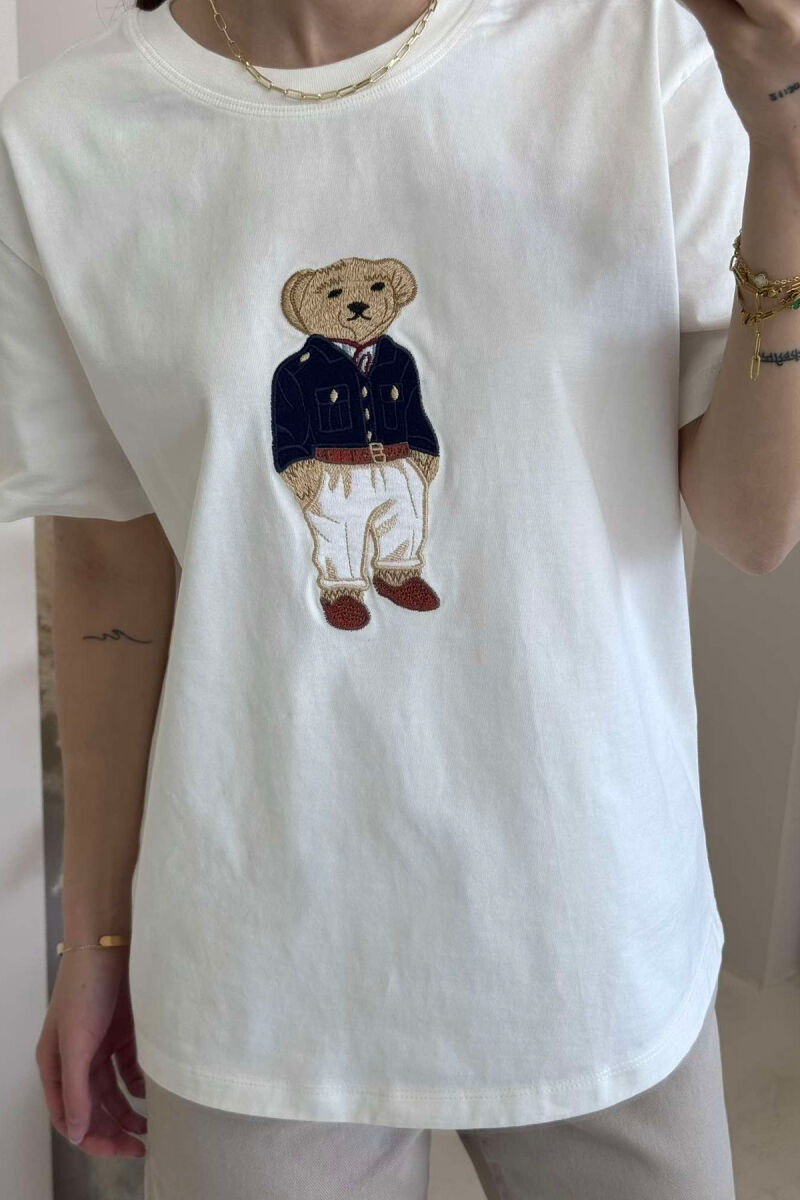 BEAR IMAGE ONE COLOR WOMEN T-SHIRT IN WHITE COLOR - 7