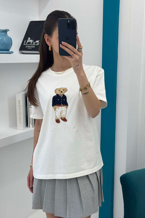 BEAR IMAGE ONE COLOR WOMEN T-SHIRT IN WHITE COLOR - 8