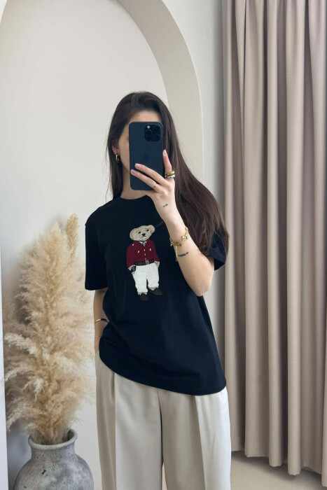 BEAR IMAGE SIMPLE COTTON WOMEN T-SHIRT IN BLACK COLOR 