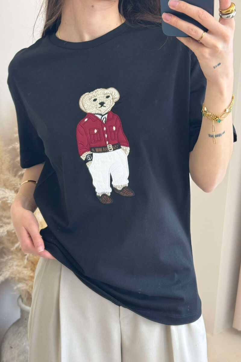 BEAR IMAGE SIMPLE COTTON WOMEN T-SHIRT IN BLACK COLOR - 3