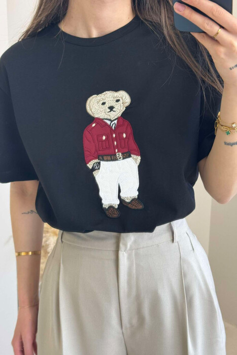 BEAR IMAGE SIMPLE COTTON WOMEN T-SHIRT IN BLACK COLOR - 4