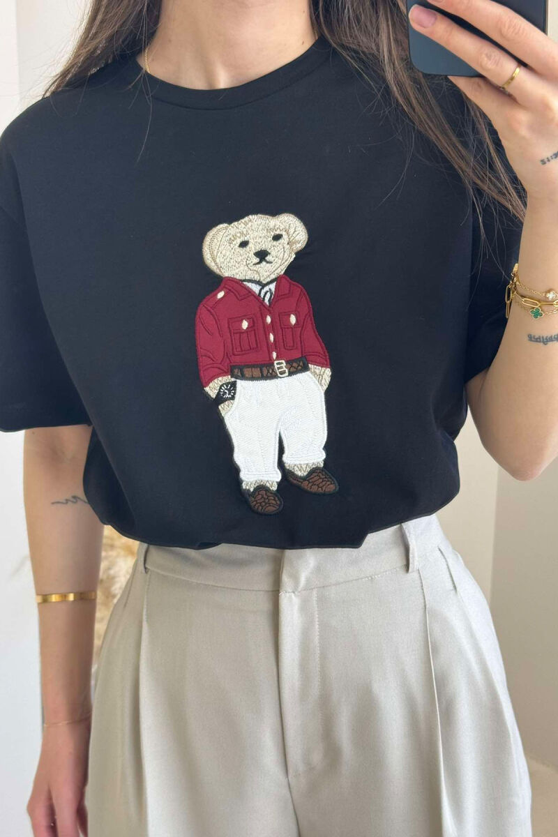 BEAR IMAGE SIMPLE COTTON WOMEN T-SHIRT IN BLACK COLOR - 4