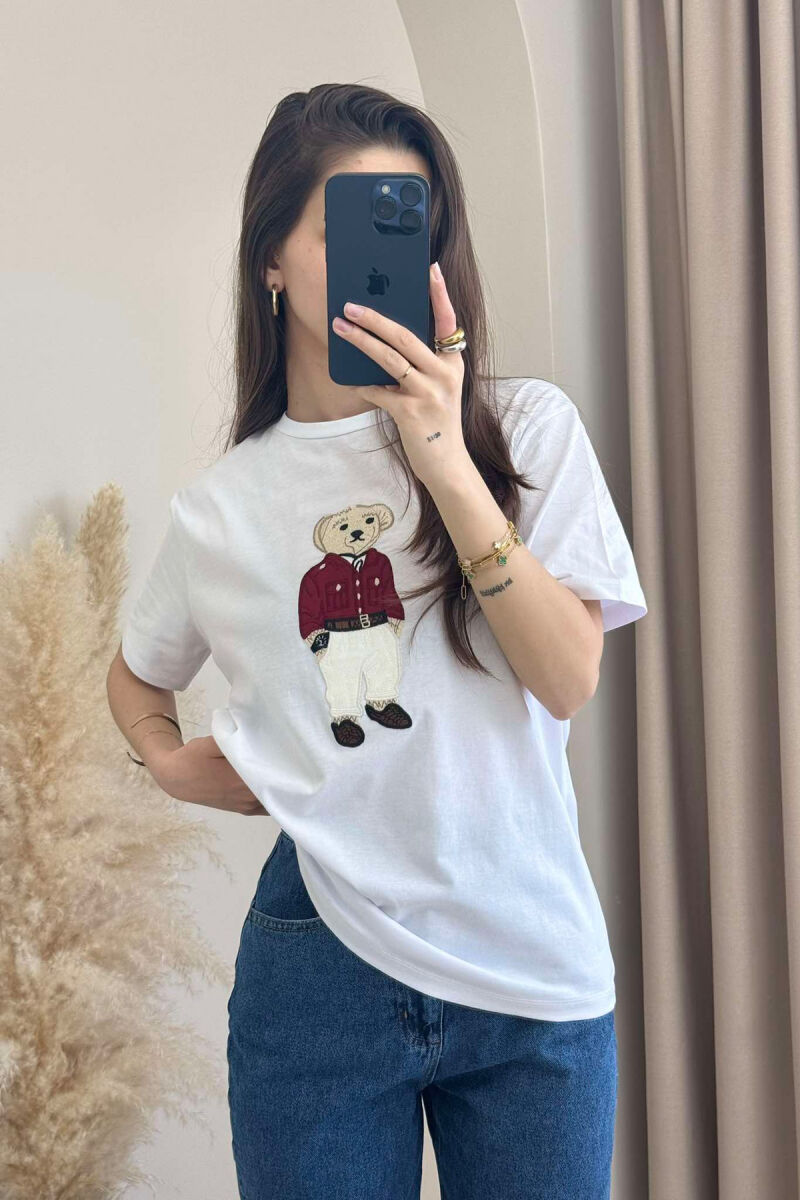 BEAR IMAGE SIMPLE COTTON WOMEN T-SHIRT IN WHITE COLOR - 1