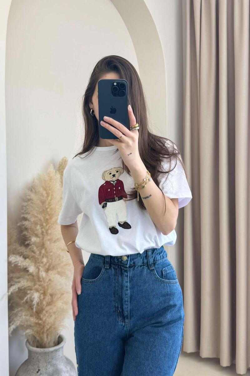 BEAR IMAGE SIMPLE COTTON WOMEN T-SHIRT IN WHITE COLOR - 2